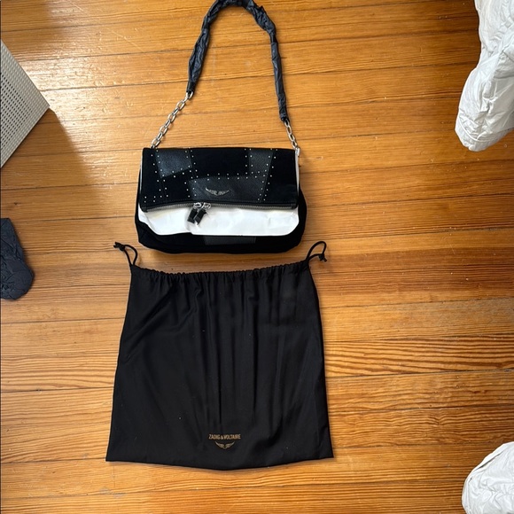 Zadig & Voltaire Black Suede & Pebbled Leather  Studded Rocky Patchwork Bag - Picture 2 of 16